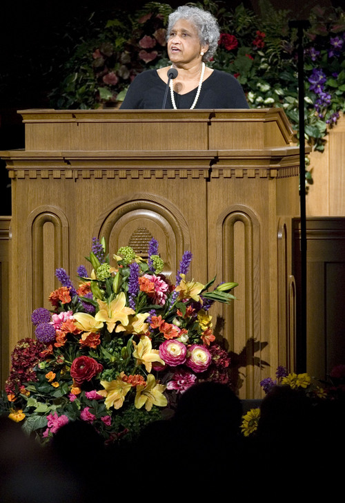 Catherine M. Stokes of Salt Lake City talks about the 1978 revelation at Temple Square to commemorate the 30th anniversary of the revelation ending the ban on blacks in the LDS priesthood, Sunday June 8, 2008. The Tabernacle on Temple Square in Salt Lake City was full with people who turned out for the program and fireside commemorating the 1978 revelation. 06/08/2008 Jim Urquhart/The Salt Lake Tribune