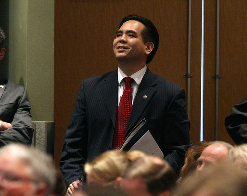 Scott Sommerdorf   |  The Salt Lake Tribune
Sean Reyes listens to a parliamentary vote as The Republican State Central Committee met to choose three names to send to the governor to replace AG John Swallow. After five ballots they chose: Sean Reyes, Robert Smith, and finally Brian Tarbet, Saturday December 13 2013.