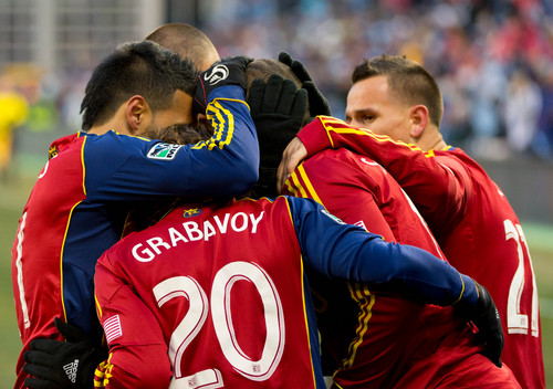 Trent Nelson  |  The Salt Lake Tribune
RSL's Alvaro Saborio and teammates celebrate his goal as Real Salt Lake faces Sporting KC in the MLS Cup Final at Sporting Park in Kansas City, Saturday December 7, 2013.