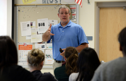 Francisco Kjolseth  |  The Salt Lake Tribune
Pleasant Grove High school science teacher Leo Biggs takes students into the human body as he shows a video of a camera descending into the stomach and beyond. High School graduation rates were released on Tuesday, Dec. 17, 2013, and the Alpine District saw a significant rise in graduation rates which has been credited in part to teachers making adjustments throughout the year by knowing how all their kids are performing regularly.