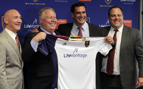 Leah Hogsten  |  The Salt Lake Tribune
l-r Real Salt Lake President Bill Manning, owner Dell Loy Hansen, RSL new head coach Jeff Cassar and RSL General Manager Garth Lagerwey. Cassar was named RSL's third head coach in the franchise's 10-year history, Thursday, December 19, 2013. The hiring comes less than two weeks after Kreis, Cassar's close friend and confidant, left RSL to accept the coaching position at MLS expansion club New York City FC.