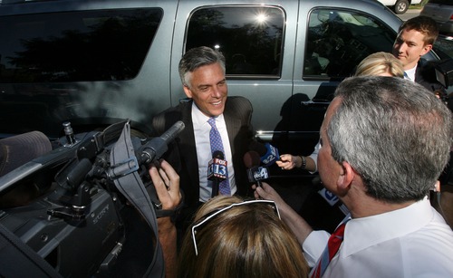 STEVE GRIFFIN  |  The Salt Lake Tribune
U.S. presidential candidate Jon Huntsman talks with the media Tuesday outside Aristo's restaurant in Salt Lake City prior to a fundraising event at the restaurant.