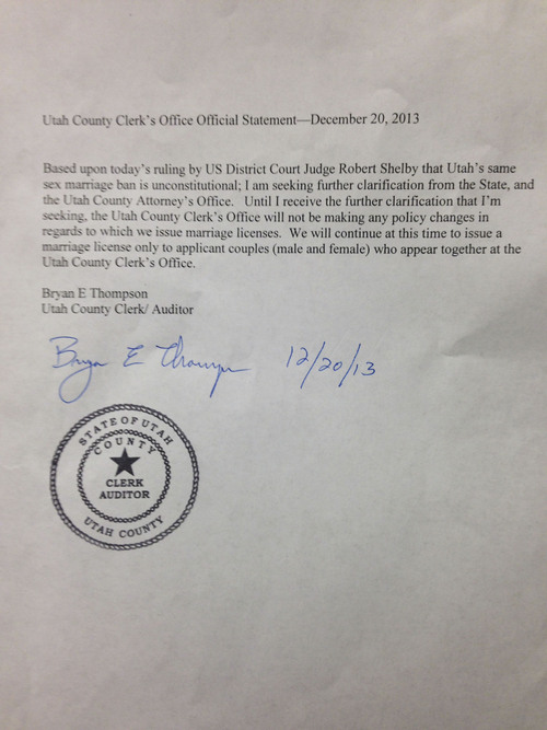 Courtesy photo
A rejection letter same-sex couple received from the Utah County Clerk when trying to get marriage licenses after the ruling Dec. 20, 2013.