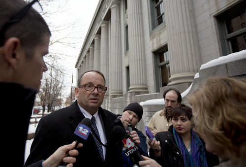 Lennie Mahler  |  The Salt Lake Tribune
Acting Attorney General Brian Tarbet speaks to the media in front of the Federal Court Building in Salt Lake City after U.S. District Judge Robert Shelby denied the state's request for a stay on his same-sex marriage ruling Monday, Dec. 23, 2013.