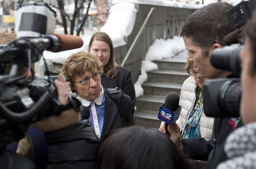 Lennie Mahler  |  The Salt Lake Tribune
Attorney Peggy A. Tomsic speaks to the media in front of the Federal Court Building in Salt Lake City after U.S. District Judge Robert Shelby denied the state's request for a stay on his same-sex marriage ruling Monday, Dec. 23, 2013.