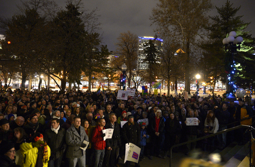 Rick Egan  | The Salt Lake Tribune 

Crowds cheer during the "Celebrate Marriage Equality Rally" at Washington Square,Monday, December 23, 2013.