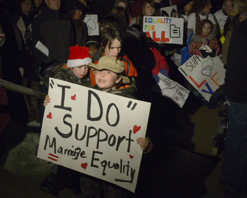 Rick Egan  | The Salt Lake Tribune 

Hundreds of people gathered to show support for the "Celebrate Marriage Equality Rally" at Washington Square,Monday, December 23, 2013.
