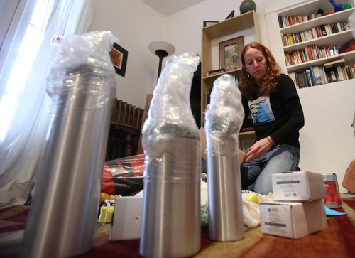 Francisco Kjolseth  |  The Salt Lake Tribune
Salt Lake City resident Amber Christensen assembles supplies, including empty oxygen tanks, to restock emergency caches on Argentina's Aconcagua, the highest mountain in the Southern and Western Hemispheres. Her husband, Federico Campanini, died after a harrowing ordeal on the mountain in January 2009, and she has since dedicated herself to preventing future tragedies, once again returning to resupply important safety gear.