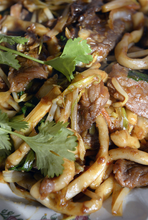 Al Hartmann  |  The Salt Lake Tribune
Top Utah dishes of 2013: Shanghai Fat Noodles with beef and vegetables at Boba World Shanghai Cuisine at 750 S. Highway 89 in Woods Cross.