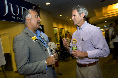 Scott Sommerdorf  |  The Salt Lake Tribune
Salt Lake County District Attorney, Sim Gill (left), speaks with Salt Lake Mayor Ralph Becker in a hallway at the Democratic convention at the Hilton Hotel in downtown Salt Lake City, Saturday, July 16, 2011.
