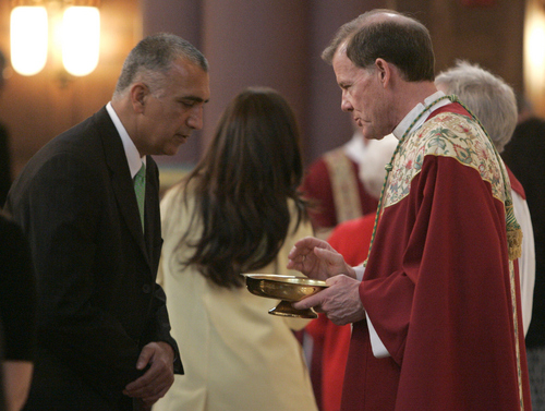 Jim Urquhart  |  The Salt Lake Tribune
Salt Lake City chief city prosecutor Sim Gill, left,  receives a blessing from The Most Reverend John C. Wester at the second annual Red Mass held for law enforcement and justice workers Tuesday, October 13 2009 at the Cathedral of the Madeleine in Salt Lake City. The Red Mass began in the middle ages in Europe to give Catholics an opportunity to reflect on the on the God-given power and responsibility of those working in justice system.  10/13/09