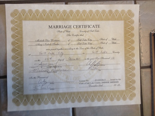 Marissa Lang  |  The Salt Lake Tribune
Michelle "Pidge" Winburn and Amy Fowler were married Monday, Dec. 23 at the Salt Lake County clerk's office. This was the marriage certificate they were issued, making their nuptials among the first same-sex unions legally recognized in the state of Utah.