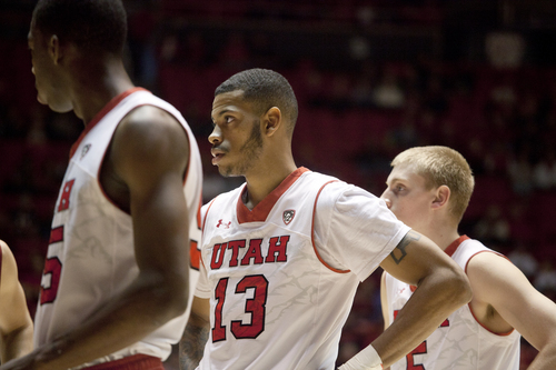JIM MCAULEY | The Salt Lake Tribune
Utah's  Ahmad Fields stacks with teammates for a throw in
during a game against the St. Katherine Firebirds at the University of Utah's Huntsman Center on December 28, 2013.