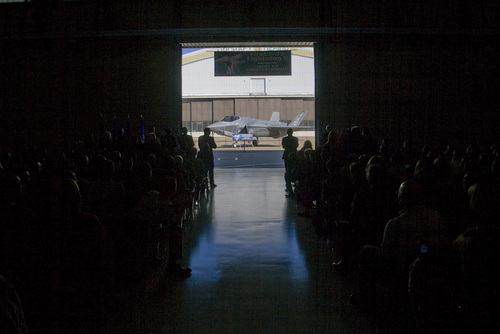 Rick Egan  | The Salt Lake Tribune 

Dignitaries and workers at Hill Air Force base get their first look at the the F-35A Joint Strike Fighter, Friday, September 20, 2013.