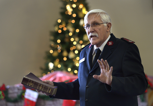 Scott Sommerdorf   |  The Salt Lake Tribune
Major Richard Greene delivers the message "Joy for the Light" as the Salt Lake Congregation of the Salvation Army meets in an old Mormon wardhouse, reconfigured for the Army's use, Sunday December 22, 2013.
