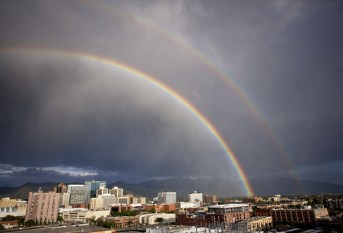Lennie Mahler | The Salt Lake Tribune

A double rainbow decorates the sky over downtown Salt Lake City in May of 2013.