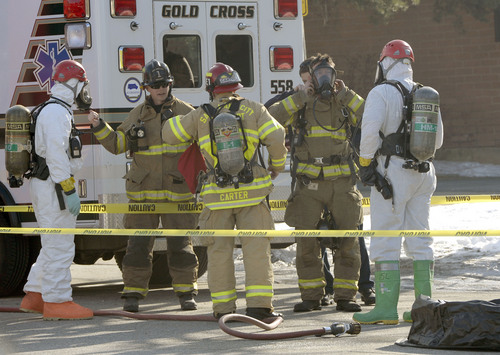 Al Hartmann  |  The Salt Lake Tribune
Salt Lake City Fire Department and Hazardous Materials Response Team investigate a possible ricin letter sent to radio stations at Trolley Corners buiding at 700 East and 500 South Monday December 30.