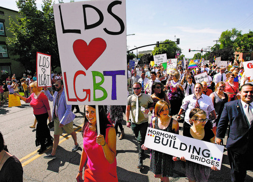 Scott Sommerdorf  |  The Salt Lake Tribune        
The 2013 Gay Pride Festival is May 31 through June 2 in Salt Lake City. In this 2012 photo, Mormons Building Bridges leads the annual Gay Pride Parade through downtown Salt Lake City.