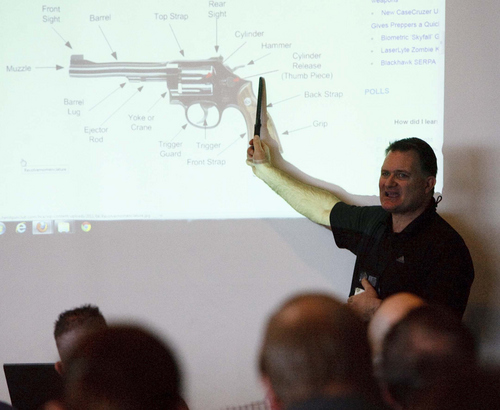 Leah Hogsten  |  Tribune file photo
Concealed firearms instructor Clark Aposhian kept the crowd entertained during last Decemeber's 6-hour during the OPSGEAR® and the Utah Shooting Sports Council's free Concealed Carry Weapons Class and Mass Violence Response Training at the Maverick Center, The free course is once again being offered to teachers and school employees.
