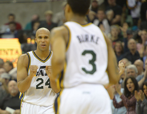 Rick Egan  | The Salt Lake Tribune 

Utah Jazz small forward Richard Jefferson (24) greets Utah Jazz point guard Trey Burke (3) after Burke hit a 3-pointer giving the Jazz the lead, 80-77, with 19 seconds left in the game, in NBA action at the EnergySolutions Arena, Monday, December 30, 2013.,