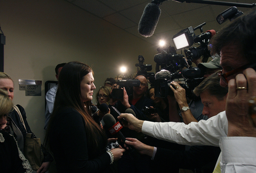 Scott Sommerdorf   |  The Salt Lake Tribune
Alexis Somers is interviewed after leaving the court room. Her father, Martin MacNeill, was found guilty of the murder of Michelle MacNeill, and obstruction of justice early Saturday morning, November 9, 2013.
