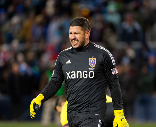 Trent Nelson  |  The Salt Lake Tribune
Real Salt Lake's Nick Rimando (18) reacts to a KC goal during the shootout as Real Salt Lake faces Sporting KC in the MLS Cup Final at Sporting Park in Kansas City, Saturday December 7, 2013.