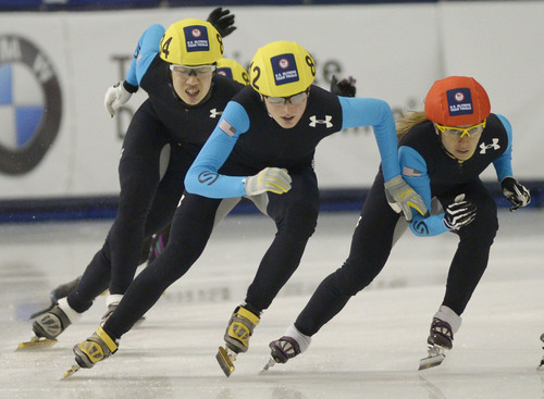 Steve Griffin  |  The Salt Lake Tribune


 Jessica Smith, right, ducks in front of Alyson Dudek, center, during the 1500-meter race in the 2014 U.S. Olympic Short Track Trials at the Utah Olympic Oval in Kearns, Friday, January 3, 2014.