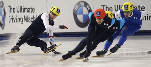 Steve Griffin  |  The Salt Lake Tribune


Kyle Carr, left, crashes to the ice coming out of a corner during the 1500-meter race in the 2014 U.S. Olympic Short Track Trials at the Utah Olympic Oval in Kearns, Friday, January 3, 2014.
