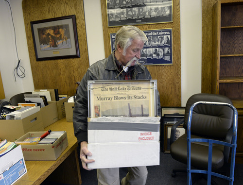 Al Hartmann  |  The Salt Lake Tribune
After four terms (16 years) Dan Snarr with his signature handlebar mustache is leaving his post as mayor of Murray.  He cleans out his office at Murray City Hall December 31, 2013.