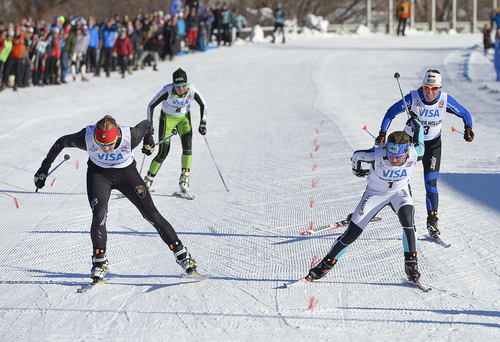 Scott Sommerdorf   |  The Salt Lake Tribune
Jennie Bender, left, of The Bridger Ski Foundation in Bozeman, Mont., takes the win in the Women's A Final over Caitlin Gregg with Team Gregg/Madshus at the U.S. Cross Country Ski Championships at Soldier Hollow, Sunday, January 5, 2014.