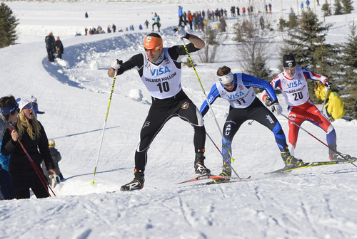 Scott Sommerdorf   |  The Salt Lake Tribune
Torin Koos (#10) leads a group of racers into a turn during a men's quarterfinal heat during the U.S. Cross Country Ski Championships at Soldier Hollow, Sunday, January 5, 2014. Koos later won the men's final.
