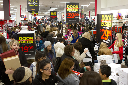 Jeremy Harmon  |  Tribune file photo

Shoppers pack the shoe aisle at JC Penney's Fashion Place Mall location in West Valley City as the store opens on Thanksgiving Day 2013. The latest Zions Bank Consumer Attitude Index (CAI), which surveys 500 Utahns about the economy, reached a record high of 96.1 from November to December of last year. Holiday shopping was up in 2013. More people believed their annual household income would rise in the next six months than the same period the year before, according to the survey, and there was increased optimism over business conditions in Utah and residents' feelings about the value of their homes.