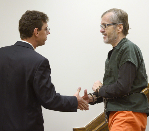 Steve Griffin  |  The Salt Lake Tribune

Attorney Randy Spencer, left, shakes hands with his client, Martin MacNeill, following a pretrial conference, for MacNeill's sex abuse case, in Judge Samuel McVey's courtroom at 4th District Court in Provo, Monday, January 6, 2014.