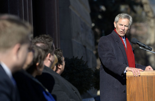Al Hartmann  |  The Salt Lake Tribune
Mayor Ralph Becker addresses the members of the new Salt Lake City Council after swearing in ceremony for three new members and one returning city councilmen outside the City-County Building Monday January 6 in Salt Lake City.
