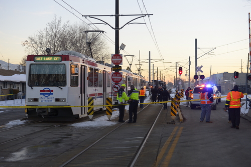 Rick Egan  | The Salt Lake Tribune 

A pedestrian was hit by a Trax train near 200 west 1180 south in Salt Lake, Monday, January 6, 2014.