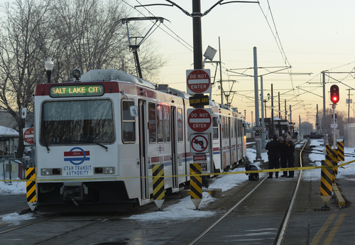Rick Egan  | The Salt Lake Tribune 

A pedestrian was hit by a Trax train near 200 west 1180 south in Salt Lake, Monday, January 6, 2014.
