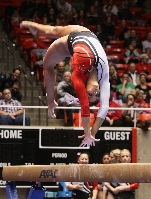 Scott Sommerdorf   |  The Salt Lake Tribune
Utah gymnast Kailah Delaney on the balance beam during the Utah Red Rocks preview at the Huntsman Center, Friday December 13 2013.