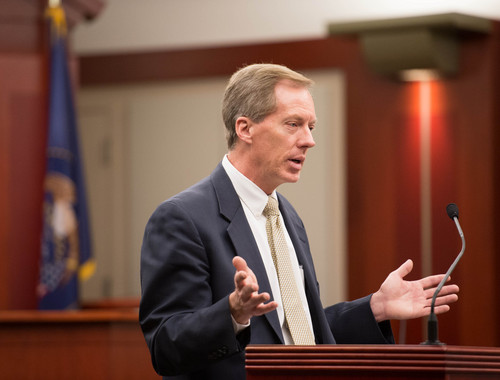 Trent Nelson  |  The Salt Lake Tribune
Defense attorney Michael Peterson delivers the defense's opening at the murder trial of Esar Met in Salt Lake City, Tuesday Jan. 7, 2014. Met is accused of killing 7-year-old Hser Ner Moo in 2008.