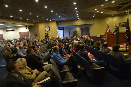 Rick Egan  | The Salt Lake Tribune 

Ron Bigelow, the new West Valley City mayor, says a few words during the swearing-in ceremony at West Valley City Hall, Monday, January 6, 2014.