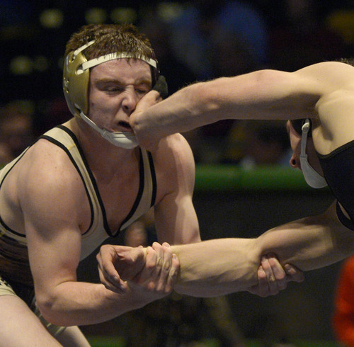 Steve Griffin  |  The Salt Lake Tribune


Matt Findaly, right, pushes on Maple Mountain's, Johnny O'hearon's face, during the Simplii All-Star Match at Utah Valley University's UCCU Center in Provo,  Tuesday, January 7, 2014.