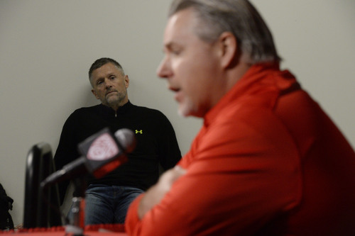 Francisco Kjolseth  |  The Salt Lake Tribune
Dave Christensen, Utah's newest offensive coordinator is introduced during a press conference at the University of Utah football practice facility on Tuesday, Jan. 7. 2014, as coach Kyle Whittingham listens in.