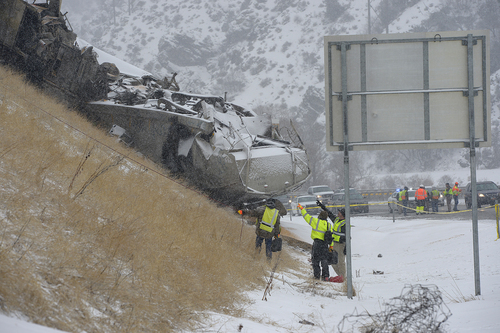 Scott Sommerdorf   |  The Salt Lake Tribune
The scene of a train derailment just off I-84 between Morgan and Ogden. Weber County Sheriffs said two westbound Union Pacific trains were involved in some sort of collision that caused one to derail, Wednesday, January 8, 2014.