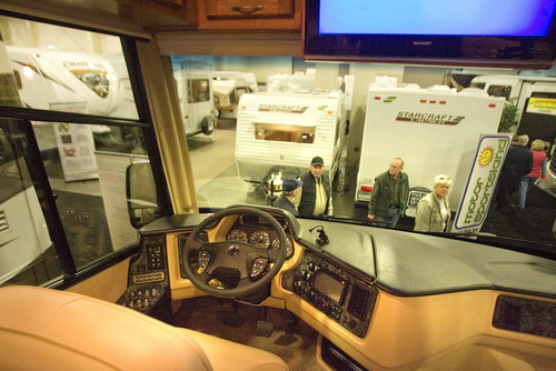 Paul Fraughton  |  The Salt Lake Tribune
The view from a $200,000 class A motor home at the annual Utah Sportsmen's Vacation and RV Show. The show, offering hundreds of RVs in every category, opened Thursday at the South Towne Expo Center in Sandy.