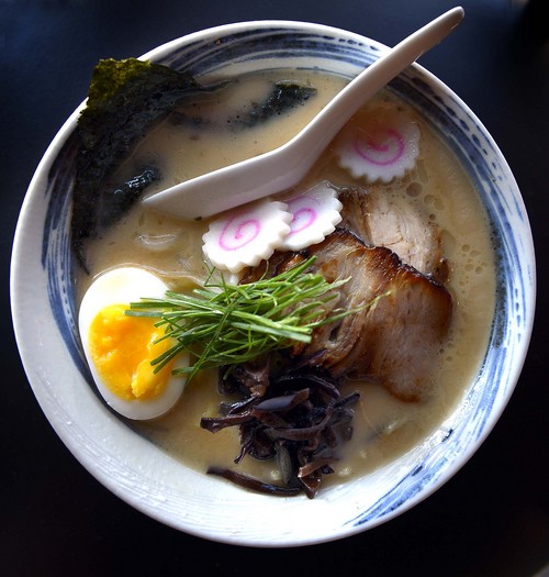 Leah Hogsten  |  The Salt Lake Tribune
Kobe Japanese Restaurant's tonkotsu ramen with a creamy pork broth, slices of melt-in-your-mouth charshu (roasted pork) topped with dried seaweed (nori), green onions, bean sprouts, narutomaki and hard boiled eggs.