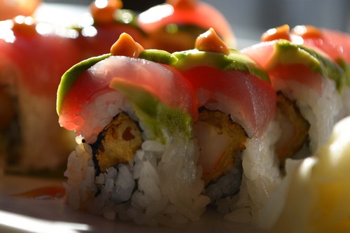 Leah Hogsten  |  The Salt Lake Tribune
Kobe Japanese Restaurant's Playboy sushi roll, with tempura shrimp covered with tuna and avocado, topped with spicy mayo and eel sauce.