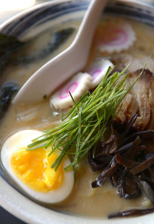 Leah Hogsten  |  The Salt Lake Tribune
Kobe Japanese Restaurant's tonkotsu ramen  has a creamy pork broth, slices of melt-in-your-mouth charshu (roasted pork) topped with dried seaweed (nori), green onions, bean sprouts, narutomaki and hard boiled eggs.