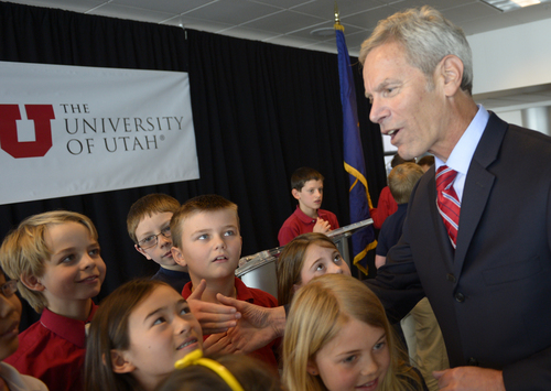 Rick Egan  | The Salt Lake Tribune 

Salt Lake City Mayor Ralph Becker shakes hands with fourth-graders from Whittier Elementary School after they sang a song about air pollution as part of his 2014 presentation of the State of the City Address in the Varsity Room on the 6th floor of the Rice-Eccles Stadium & Tower, Wednesday, January 8, 2014.