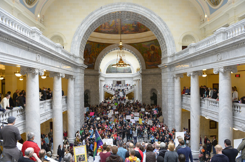 Rick Egan  | The Salt Lake Tribune 

More than 1,000 supporters of gay marriage gathered in the Capitol rotunda as petitions signed by 58,000 people were delivered to Utah Gov. Gary Herbert urging him to not appeal a district court ruling legalizing such unions, Friday, January 10, 2014.