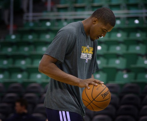 Leah Hogsten  |  The Salt Lake Tribune
"That means somebody else is going to have to step up for [Gordon Hayward]. You don't want to see guys go down, but if he doesn't play somebody got to step up for him," said forward Derrick Favors as he warms up on the court prior to their matchup against the Cleveland Cavaliers, Friday, January 10, 2014 at Energy Solutions Arena.