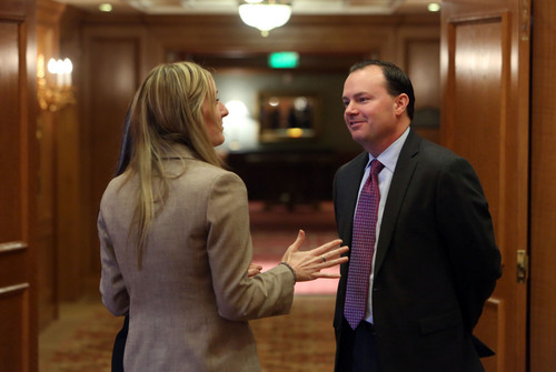 Francisco Kjolseth  |  The Salt Lake Tribune
Utah mom Amelia Powers expresses her support of Sen. Mike Lee before a presser where Tea Party Express officially endorsed him for 2016 and expressed their support for his efforts to transform the country during the event at the Grand America Hotel on Wednesday, Dec. 4, 2013.